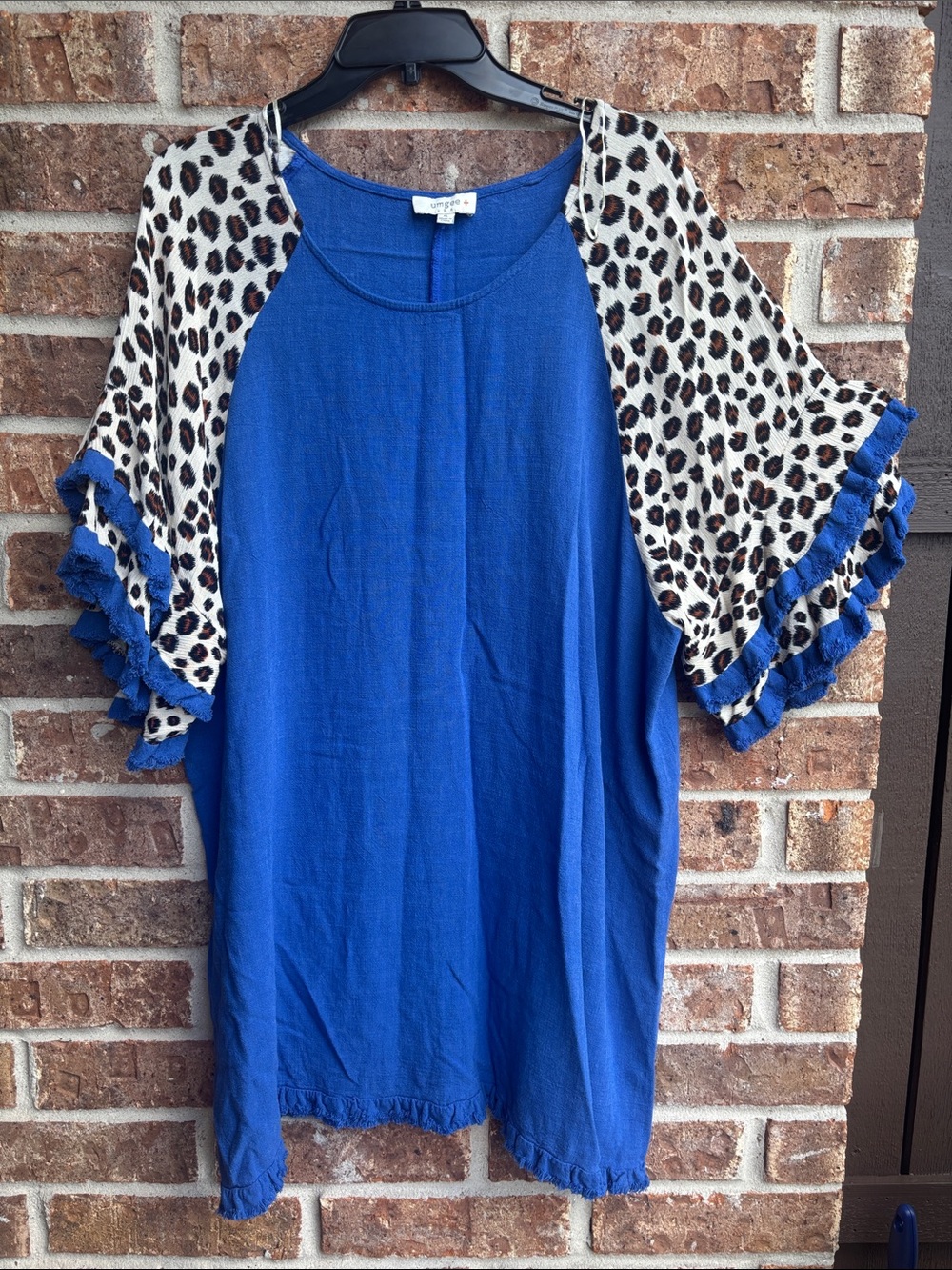 Umgee royal blue Leopard-Sleeve tunic top / mini dress linen blend